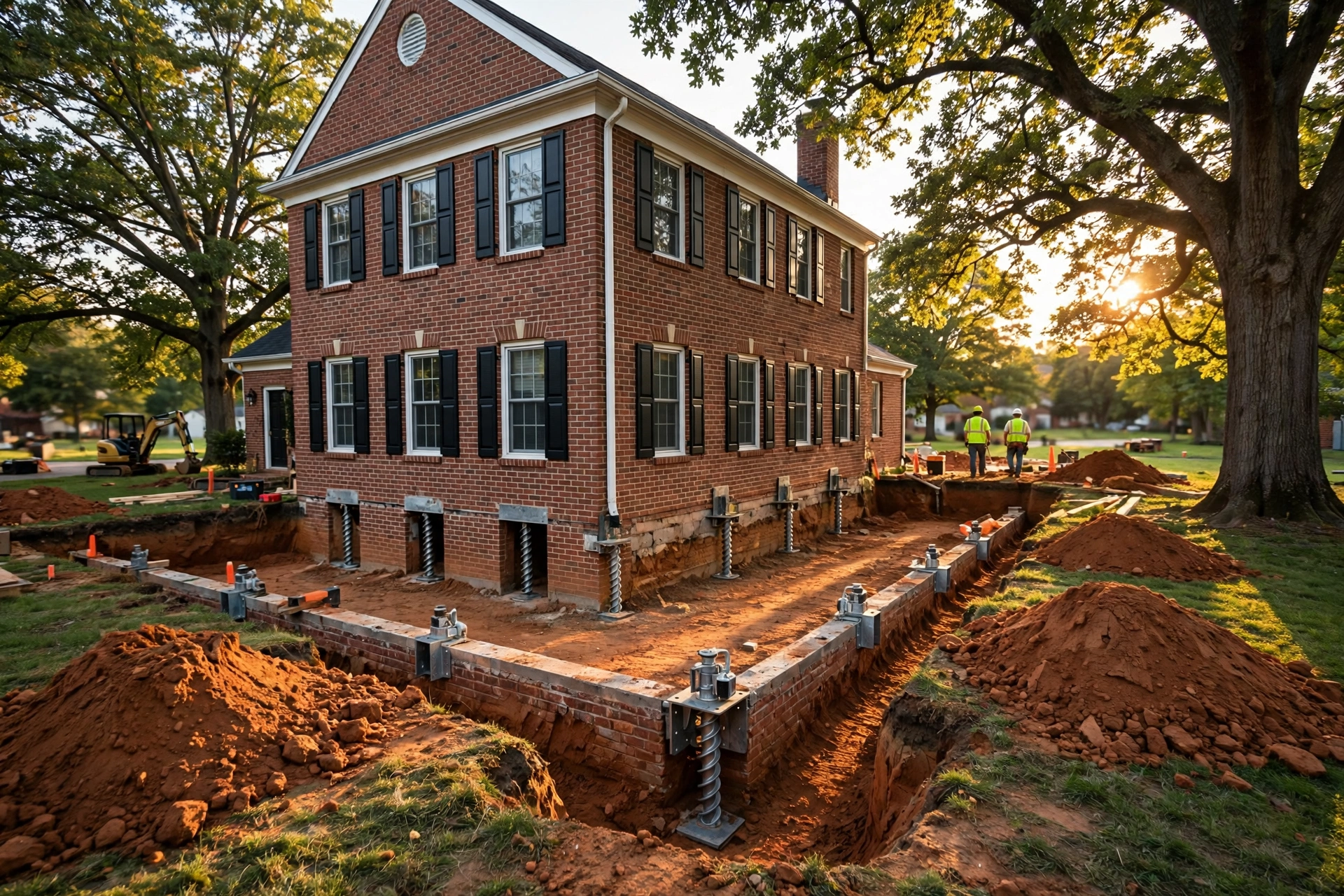 Foundation pier installation at a Bowie, MD home by Bowie Foundation Repair Company
